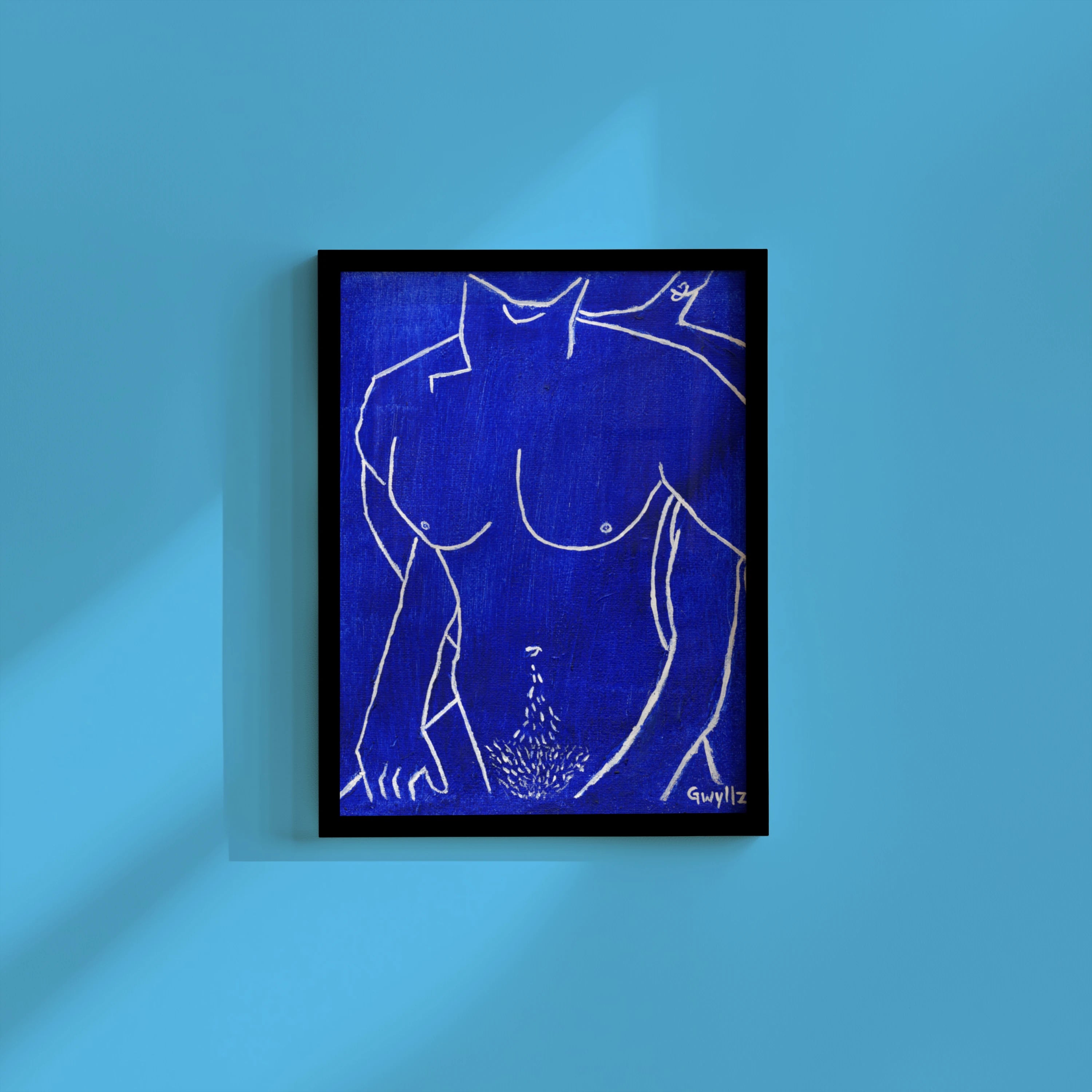 Framed artwork of a abstracted figure on a blue wall